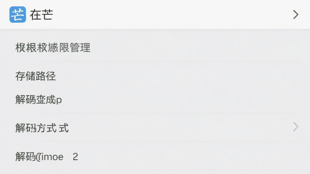 在芒软件设置页面截图,手机屏幕显示权限管理、存储路径、解码方式等选项列表,界面采用浅色主题,顶部有“在芒”标识,布局清晰,扁平化设计,干净画质
