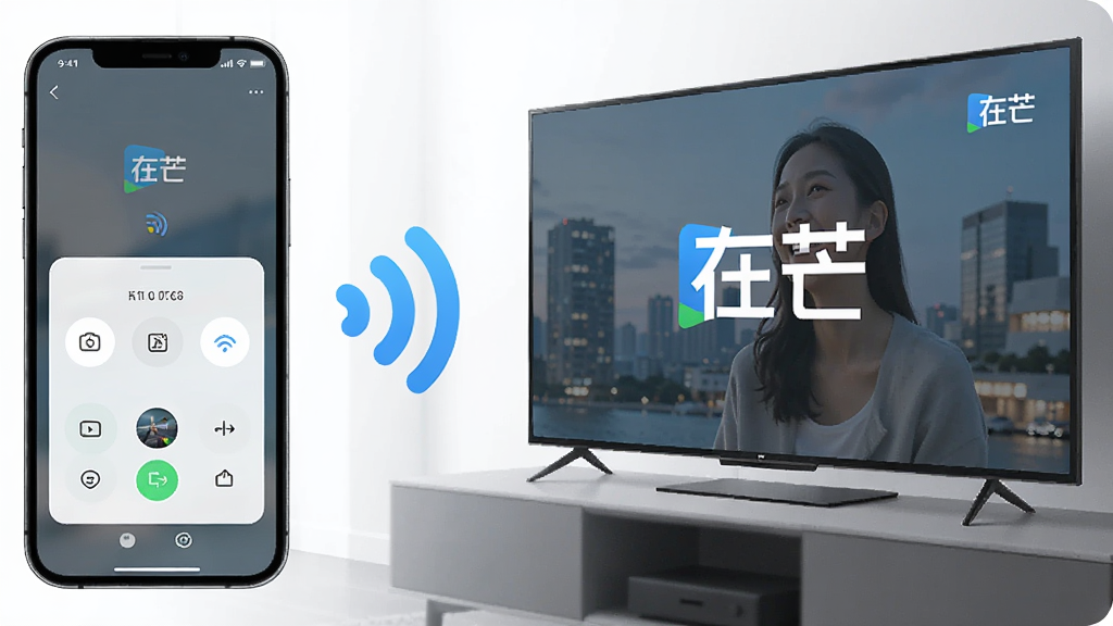 在芒软件投屏功能示意图,手机屏幕与电视屏幕之间以无线信号图标连接,手机端显示投屏控制面板,电视端显示视频画面,画面中包含“在芒”字样标识,科技感风格,简洁布局,高清画质