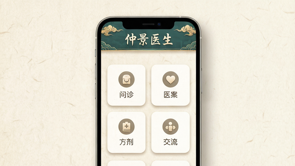 主体为一部竖屏智能手机,屏幕中央展示仲景医生应用首页界面,上方为中医风格标题栏,中部排列问诊、医案、方剂、交流四个功能卡片,背景为淡米色宣纸质感,布局居中对称,排版简洁清晰,风格为现代中医健康类APP界面展示,细节包含柔和阴影与圆角图标,画质高清,画面干净,无多余元素