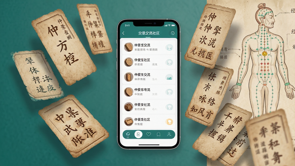 主体为多块悬浮的中医方剂卡片与经络图谱元素围绕一部手机排列,手机屏幕显示仲景医生交流社区列表,布局为手机居中、卡片环绕,排版富有层次,风格为知识类应用视觉展示,细节包含浅棕与青绿色调、纸张纹理,画质高清,画面干净,无多余元素