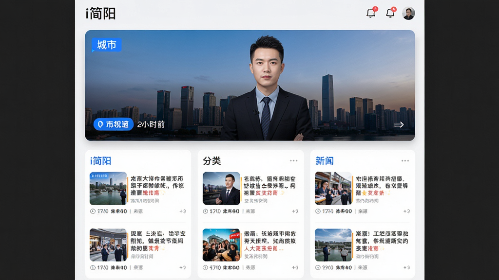 主体为城市新闻资讯聚合页面,布局为三栏卡片式信息流,排版上方为头条大图、下方为分类新闻列表,风格为现代新闻客户端UI风格,细节包含“i简阳”字样标题栏、蓝色高亮标签、时间戳与来源标注,画质清晰,干净,无多余元素