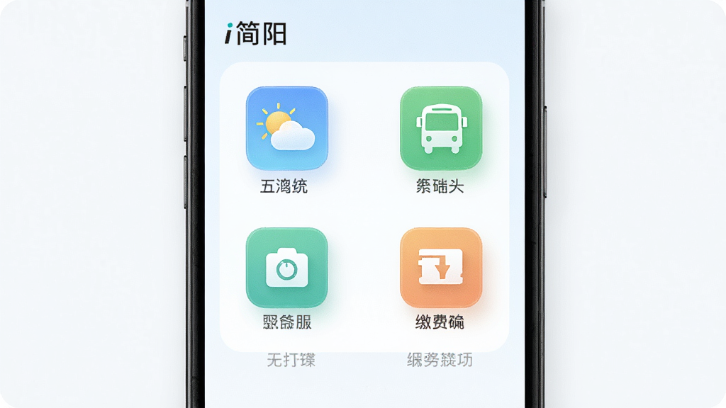 主体为手机屏幕展示生活服务功能宫格,布局为四行三列图标矩阵,排版规整,风格为清新浅色便民服务界面,细节包含“i简阳”应用名称、天气图标、公交图标、缴费图标与柔和阴影,画质高清,干净,无多余元素