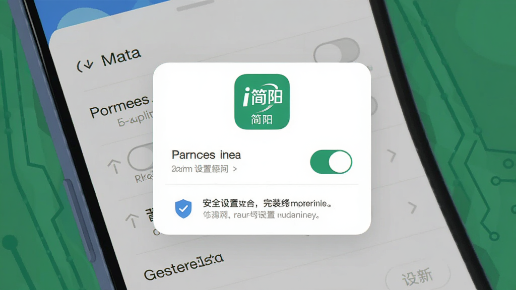 主体为手机屏幕展示应用安装权限设置界面,布局为居中弹窗与设置列表,排版清晰,风格为科技感扁平插画,细节包含“i简阳”图标、权限开关按钮、安全提示文字与盾牌符号,画质高清,干净,无多余元素