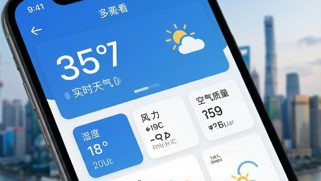 一张手机界面特写图,画面中手机屏幕显示多看天气的实时天气页面,顶部有大号温度数字与天气图标,下方排列湿度、风力、空气质量等数据小卡片,界面配色为蓝白相间,风格简洁现代,背景为模糊的城市天际线,画质清晰,构图干净