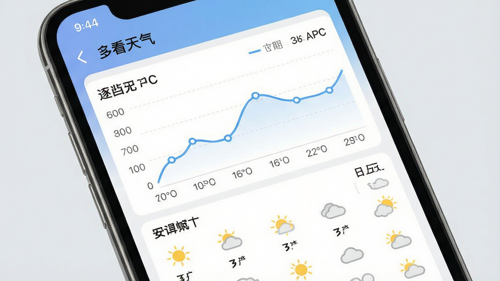 一张手机应用截图展示图,画面中手机屏幕显示多看天气的逐小时预报与多日趋势页面,包含折线图与天气图标列表,界面布局清晰,配色柔和,背景为淡灰色,整体风格专业且易读,画质干净无杂乱元素