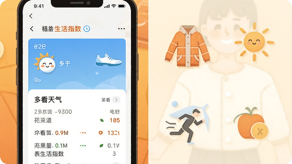 一张以生活场景为主题的插画风图片,画面左侧为手机屏幕显示多看天气的生活指数页面,右侧为人物穿衣、防晒、运动等小图标组合,整体风格扁平化插画,配色温暖明快,排版左右分栏,画质清晰柔和,无多余背景元素