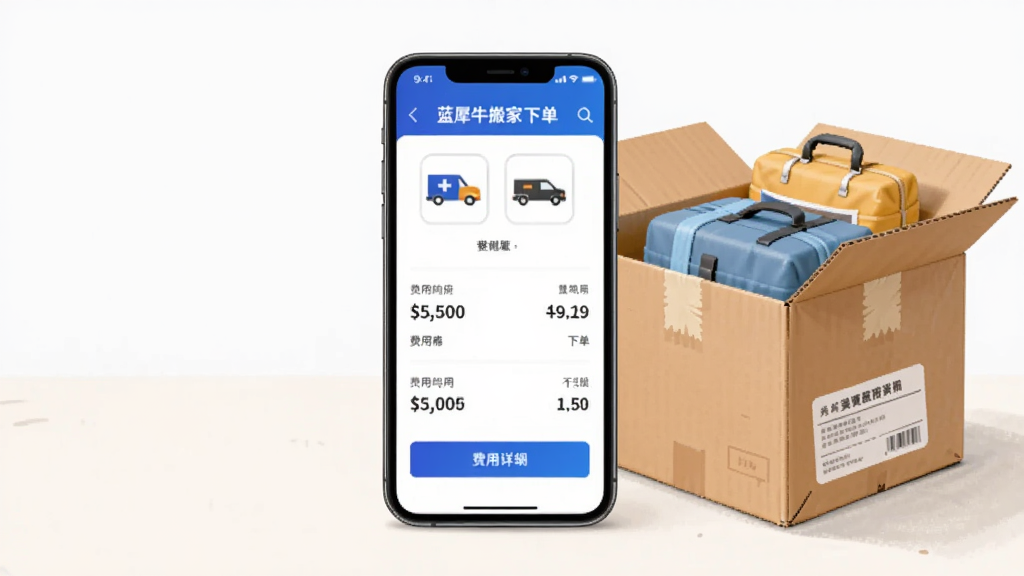 手机屏幕上显示“蓝犀牛搬家”下单页面与费用明细,旁边放置一个打开的纸箱和打包好的行李,布局为手机居中、纸箱在侧,风格为生活场景插画风,细节包括手机界面中的车型图标、费用数字、蓝色按钮,纸箱上的胶带与标签,画质清晰干净,无多余元素