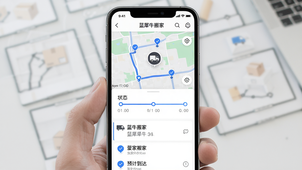 手机界面展示“蓝犀牛搬家”订单跟踪页面,页面中有地图轨迹、车辆图标、状态时间轴,布局为上方地图下方状态列表,风格为现代移动端UI风格,细节包括蓝色路线、节点勾选标记、预计到达时间文字,画质高清干净,画面中文字为“蓝犀牛搬家”