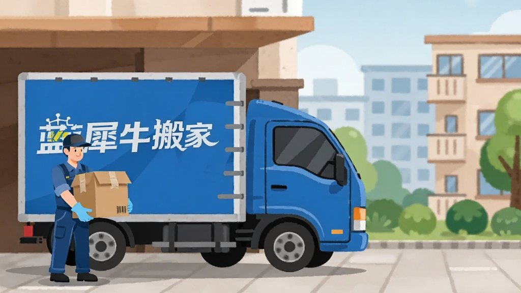 画面主体为一辆印有“蓝犀牛搬家”字样的蓝色厢式货车停靠在居民楼下,旁边有搬家师傅搬运纸箱,背景为城市小区环境,布局采用左右构图,左侧为货车与人物,右侧为楼宇与绿植,排版简洁清晰,风格为扁平化插画风,细节包括货车上的品牌标识、纸箱上的打包胶带、师傅的工作服与手套,画质清晰干净,无多余元素
