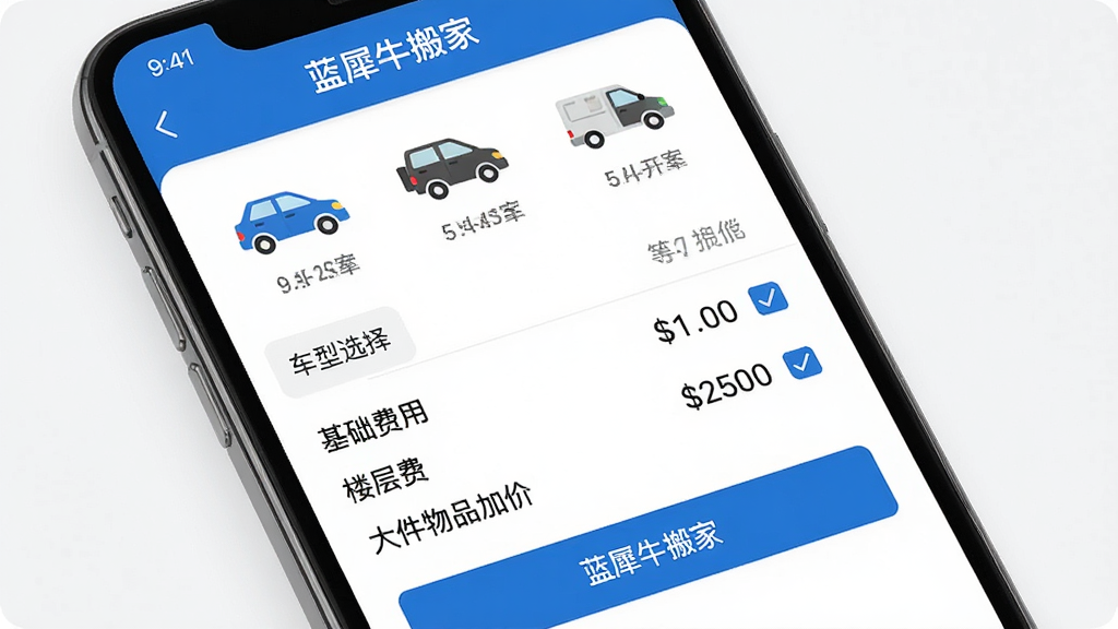 手机屏幕显示“蓝犀牛搬家”订单费用明细页面,页面中包含车型选择、基础费用、楼层费、大件物品加价等项目,布局为上下结构,上方为车型图标,下方为费用清单,风格为现代扁平UI风格,细节包括清晰的数字金额、勾选图标、蓝色主色调按钮,画质高清干净,画面中文字为“蓝犀牛搬家”