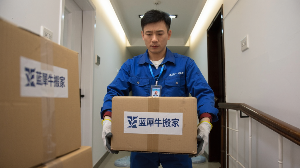 一位身穿蓝色工作服的搬家师傅正在楼道内搬运纸箱,师傅佩戴工牌与手套,脚穿鞋套,背景为居民楼走廊,布局为人物居中、纸箱在前景,风格为写实摄影风,细节包括师傅专注的表情、纸箱上的“蓝犀牛搬家”标签、走廊灯光,画质清晰干净,无多余元素