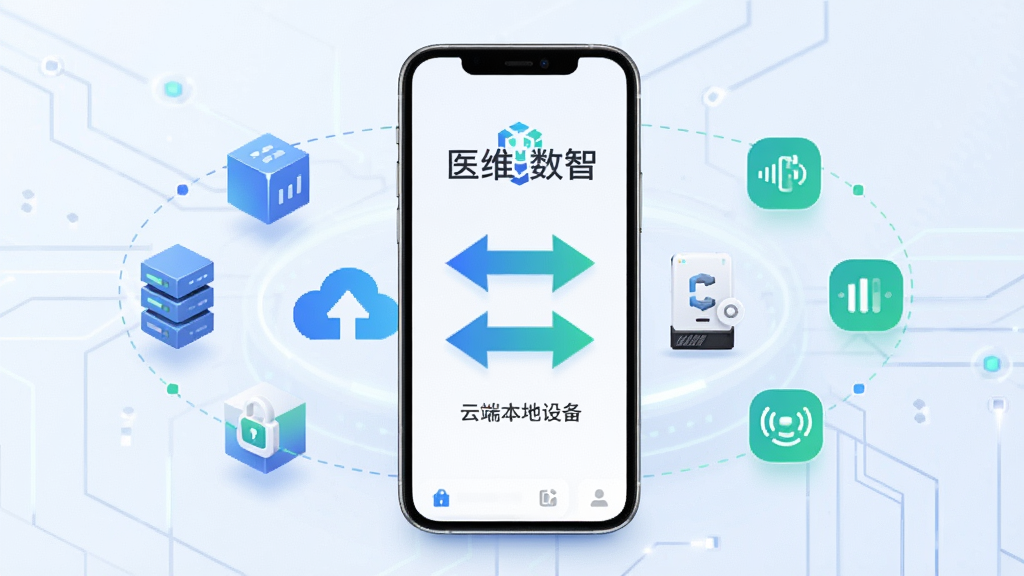 画面展示“医维数智”离线同步功能示意,手机屏幕显示云端与本地设备之间的双向箭头,周围环绕数据块与同步状态图标,背景为简洁的科技线条风格,配色清爽,布局均衡,细节干净,画质高清