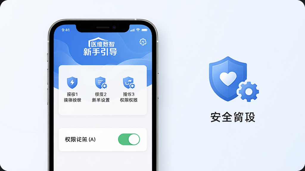 画面展示“医维数智”新手引导界面,手机屏幕显示分步操作提示与权限开关示意,旁边配有盾牌与齿轮图标代表安全设置,背景为浅色简洁风格,排版清晰,细节干净,画质高清