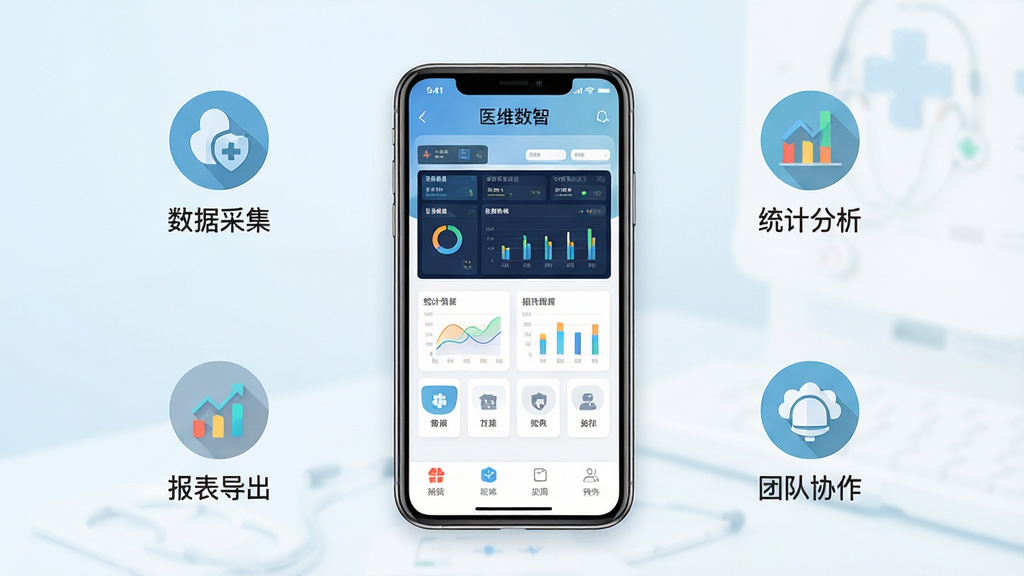 画面中央放置一部智能手机,屏幕显示“医维数智”应用主界面,界面中包含数据看板、图表卡片与功能入口,手机周围以扁平化图标形式环绕展示数据采集、统计分析、报表导出、团队协作等模块,背景为浅蓝与白色渐变的干净医疗科技风格,整体排版居中对齐,细节清晰,画质高清,无多余装饰元素