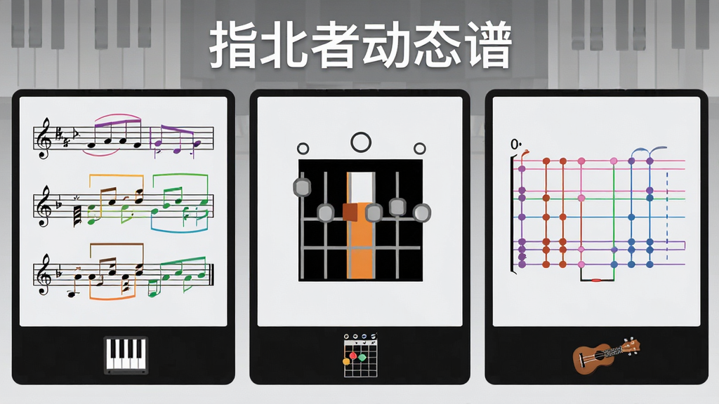 主体为三块并排的竖向屏幕,分别显示钢琴五线谱、吉他和弦图与尤克里里四线谱,布局为三联屏横向排列、每块屏幕下方有小图标标识乐器类型,排版上顶部中央写有