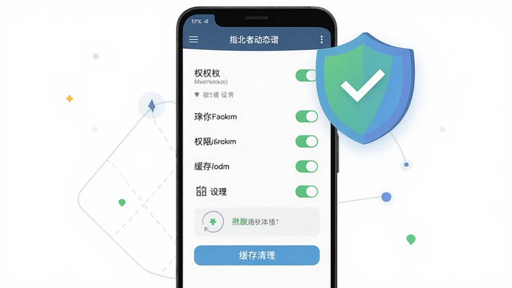 主体为一部竖屏安卓手机,屏幕上显示指北者动态谱的设置与权限管理界面,旁边悬浮一个带对勾的盾牌图标象征安全设置,布局为手机居中、图标位于右上方,排版上画面顶部有