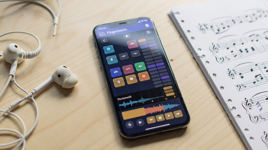 ����������һ�����������ֻ�����Ļ����ʾFingersonic������������棬���������ɫ�������������׹���벨�η��������ֻ�б����ǳɫľ�������ϣ��Ա߷���һ����ɫ���߶�����һ���򿪵Ŀհ������ױʼǱ������ֲ��þ��й�ͼ���ֻ�ռ�ݻ����Ӿ����ģ������黯�ɾ����Ű�����������Ԫ�������ɼ���ɫ�������Ͻ�����ů�Ȱ���Ϊ�������Ϊ�ִ������Ʒдʵ��Ӱ�磬���������Ȼ��ϸ����ͻ����Ļ�������⡢�����������ʸ����������Ȼ���������ʸ�������������ɾ����޶���Ԫ�ء�</p>