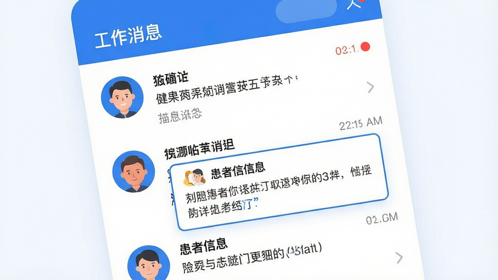 画面主体是手机消息列表界面,包含同事头像、消息摘要与未读红点,其中一条消息带有患者信息引用卡片;布局为消息纵向排列,顶部有“工作消息”标题;排版整齐,条目间距一致;风格为现代扁平化社交UI插画,白色背景搭配蓝色强调色;细节包括圆形头像、时间标签、引用卡片边框;画质高清,画面干净,无多余元素