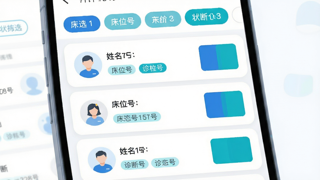 画面主体是一部手机屏幕特写,屏幕中显示患者信息卡片列表,每张卡片包含姓名、床位号、诊断标签与状态色块;布局为卡片纵向排列,顶部有筛选标签栏;排版整齐,卡片间距均匀;风格为扁平化医疗UI插画,白色背景搭配蓝色与青色点缀;细节包括圆角卡片、简洁头像图标、状态标签;画质清晰,画面干净,无多余元素
