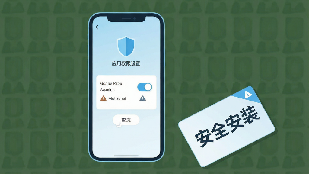 画面主体是一部手机屏幕显示应用安装权限设置界面,旁边放置一张写有“安全安装”字样的提示卡片;布局为手机居中,提示卡片斜放于右下角;排版简洁,重点突出权限开关;风格为扁平化信息安全插画,浅蓝与白色为主;细节包括盾牌图标、开关按钮、警示三角小图标;画质高清,画面干净,无多余元素