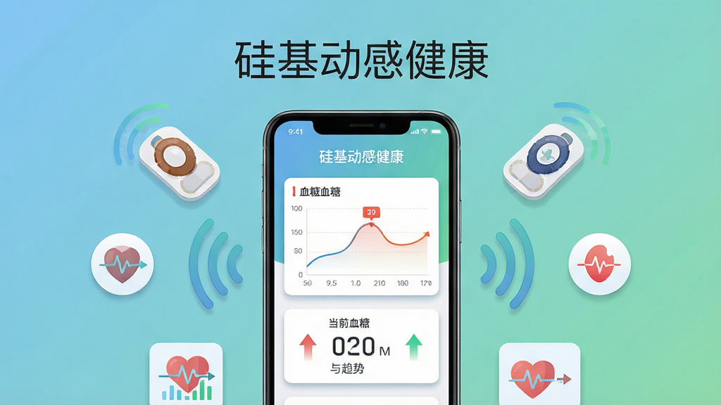 画面主体为一部竖屏智能手机,屏幕中央显示“硅基动感健康”应用界面,界面中包含血糖曲线图、当前血糖数值与趋势箭头,手机周围环绕葡萄糖传感器贴片、蓝牙信号波纹与健康数据图标,布局采用居中对称构图,手机置于画面正中,上方留白放置应用名称文字“硅基动感健康”,风格为现代科技感扁平插画,细节包含柔和的蓝绿色渐变背景、细腻的图标描边、清晰的数据卡片阴影,画质为高清矢量风格,干净整洁,无多余装饰元素