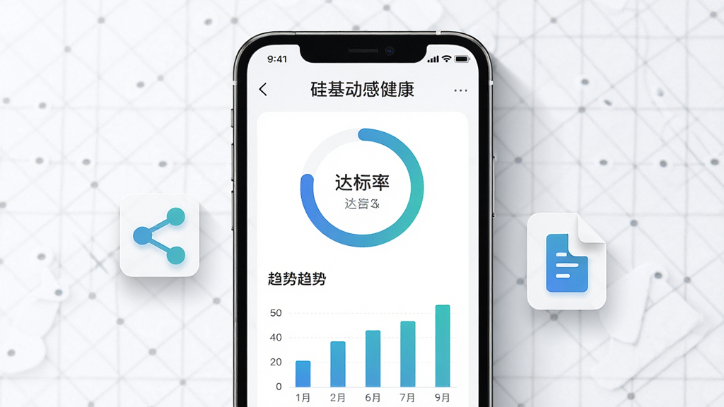 画面主体为手机屏幕展示“硅基动感健康”的数据报告页面,页面中包含环形达标率图表与柱状趋势图,手机旁有分享箭头与文档图标,布局为手机居中,背景为浅色数据网格,风格为商务简约风,细节包含蓝绿色图表配色、清晰数值标签、柔和阴影,画质高清,画面干净