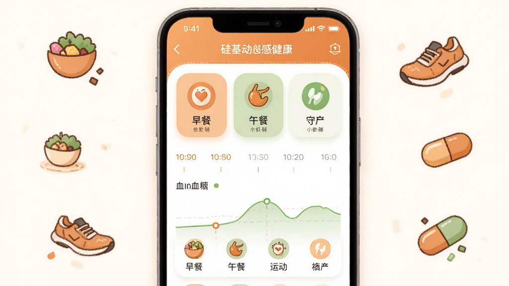 画面主体为手机应用界面展示“硅基动感健康”的事件记录页面,页面中包含早餐、午餐、运动等图标卡片与时间轴,血糖曲线下方标注对应事件小图标,布局为手机居中,四周漂浮食物、跑鞋、药丸等扁平化小图标,风格为温馨生活化插画,细节包含柔和橙色与绿色搭配、圆角卡片、清晰图标轮廓,画质高清,画面干净整洁