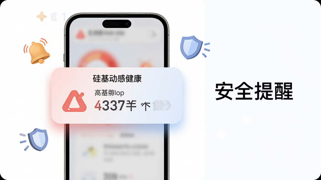 画面主体为手机屏幕弹出“硅基动感健康”血糖提醒通知卡片,卡片上显示高血糖警示图标与数值,手机旁配有铃铛与盾牌图标,布局为手机居中偏左,右侧留白放置文字“安全提醒”,风格为简洁警示风,细节包含柔和红色与蓝色对比、通知卡片圆角阴影、图标线条清晰,画质高清,无多余元素