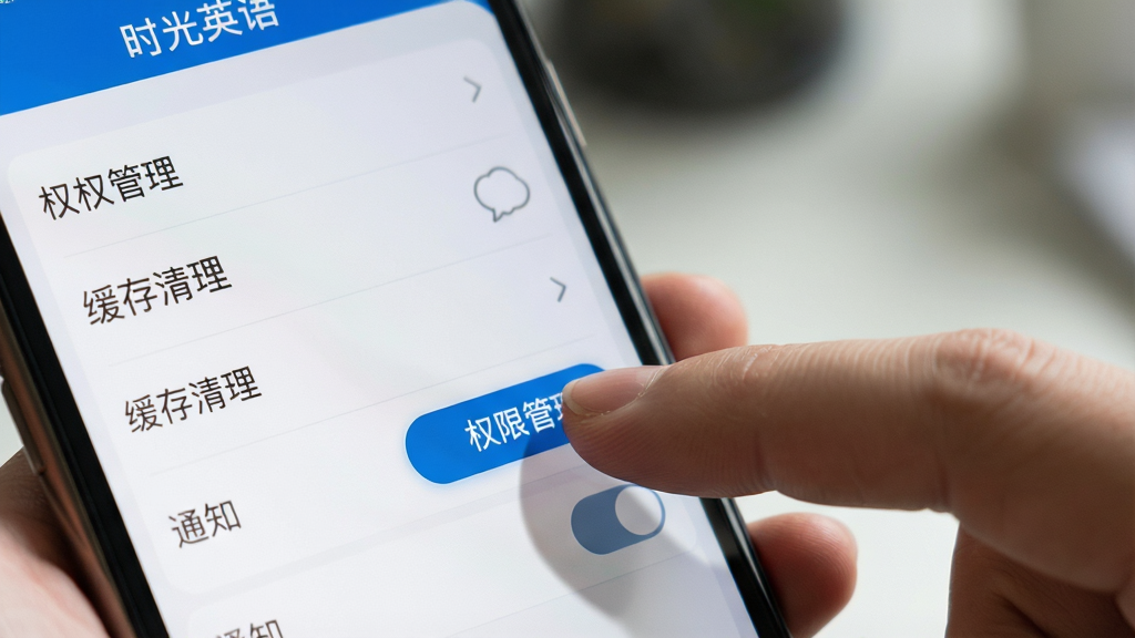 一张手机屏幕特写图,画面显示“时光英语”应用的设置页面,包含权限管理、缓存清理和通知开关等选项,屏幕旁有一只手正在点击“权限管理”按钮,布局为手部与手机局部特写,风格为写实操作演示风,细节包括手指按压屏幕的阴影、界面按钮的高亮状态和背景虚化,画质清晰干净,无多余元素