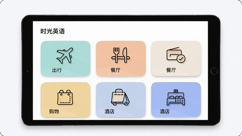 画面主体为一部横屏平板设备,屏幕上呈现“时光英语”应用中的场景分类页面,可见“出行”“餐厅”“购物”“酒店”等卡片式入口,每张卡片配有简洁的线描图标,布局为网格排列,风格为扁平化插画风,细节包括卡片圆角、柔和投影和浅色背景,画质干净清晰,无多余元素