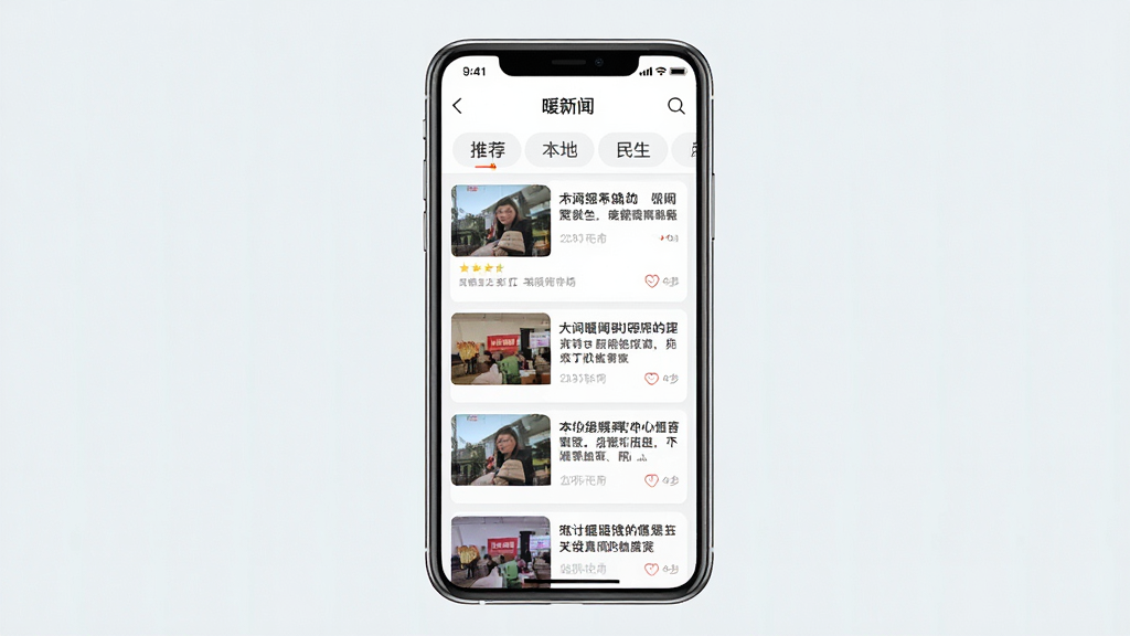 画面中央是一部竖屏手机,屏幕内显示“暖新闻”应用的信息流页面,多条新闻卡片依次排列,每张卡片配有缩略图和标题文字,页面顶部有“推荐”“本地”“民生”等频道标签,背景为浅色,风格简洁明快,扁平化UI设计,细节清晰,画质干净,无杂乱元素