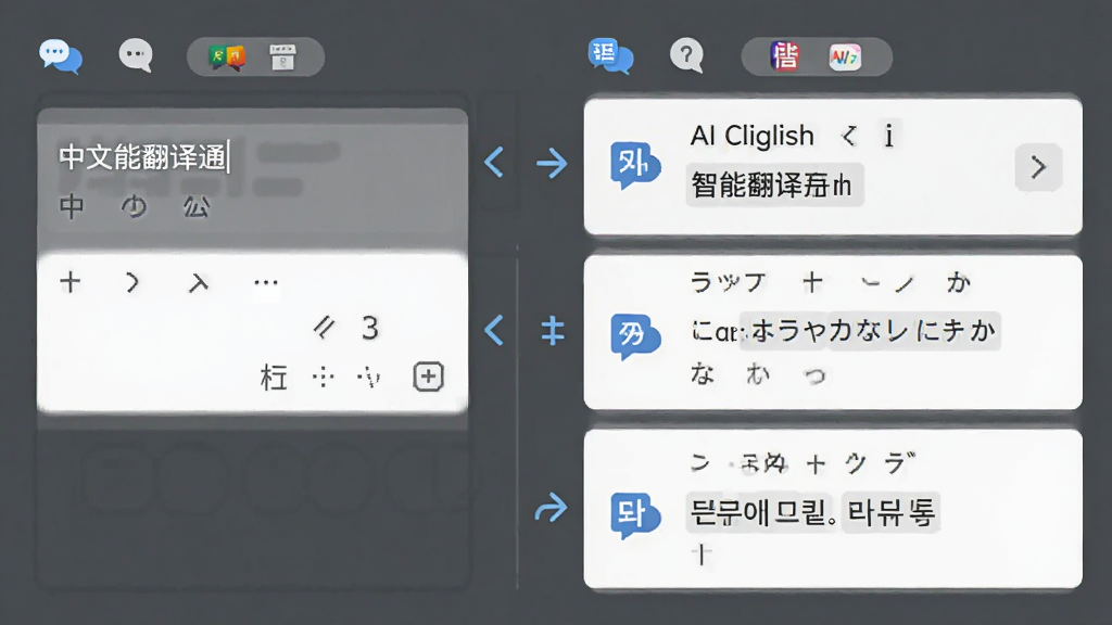 画面主体为AI智能翻译通的多语种翻译界面,左侧显示中文输入框,右侧显示对应的英文、日文、韩文翻译结果,布局采用左右分栏对比式排版,风格为清爽的扁平化UI风格,细节包括语言标签图标、翻译箭头与简洁的文字排版,画质清晰,干净,无多余元素