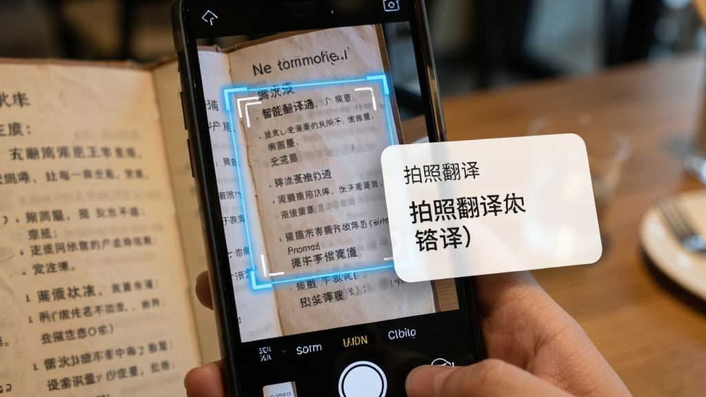 画面主体为AI智能翻译通的拍照翻译功能示意,手机摄像头对准一份外文菜单,屏幕上叠加显示识别框与中文翻译结果,布局采用场景化实拍风格与UI叠加结合,风格为生活化科技风,细节包括菜单纸张纹理、识别高亮框与翻译浮层,画质高清,干净,无多余元素