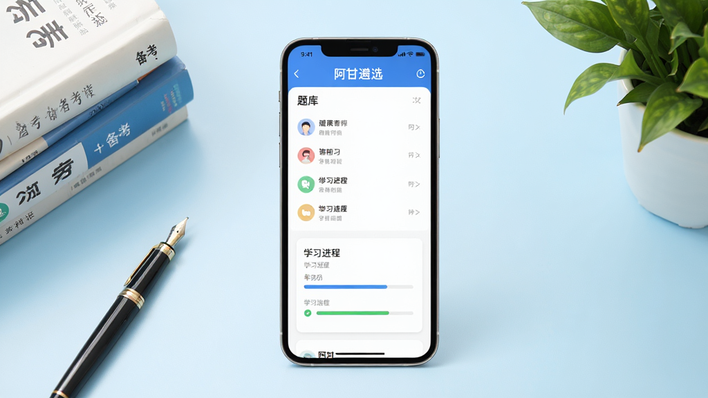 软件主界面全貌展示,手机竖屏居中摆放,屏幕内呈现题库列表与学习进度卡片,背景为浅蓝色渐变书桌场景,左侧放一支钢笔和一摞备考书籍,右侧点缀绿植,整体风格清新简洁,画质清晰干净,画面中手机屏幕上方显示