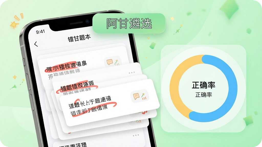 手机屏幕展示错题本页面,红色标记的错题卡片分层排列,旁边有环形统计图表显示正确率,屏幕上方悬浮