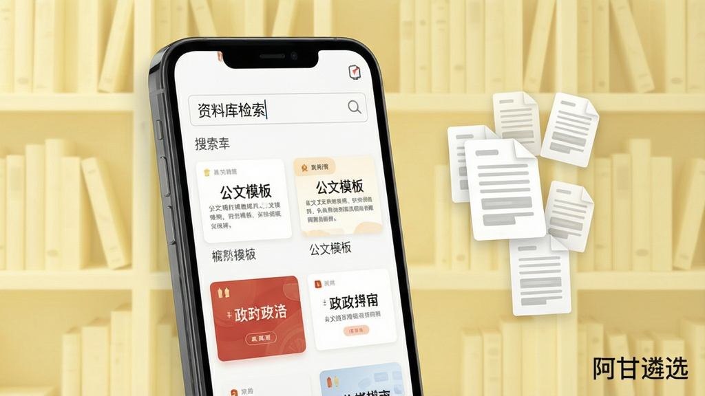 手机屏幕呈现资料库检索界面,搜索框内输入关键词,下方列出公文模板与时政卡片,屏幕右侧漂浮几页文档图标,背景为淡黄色书架场景,风格素雅极简,画面角落标注