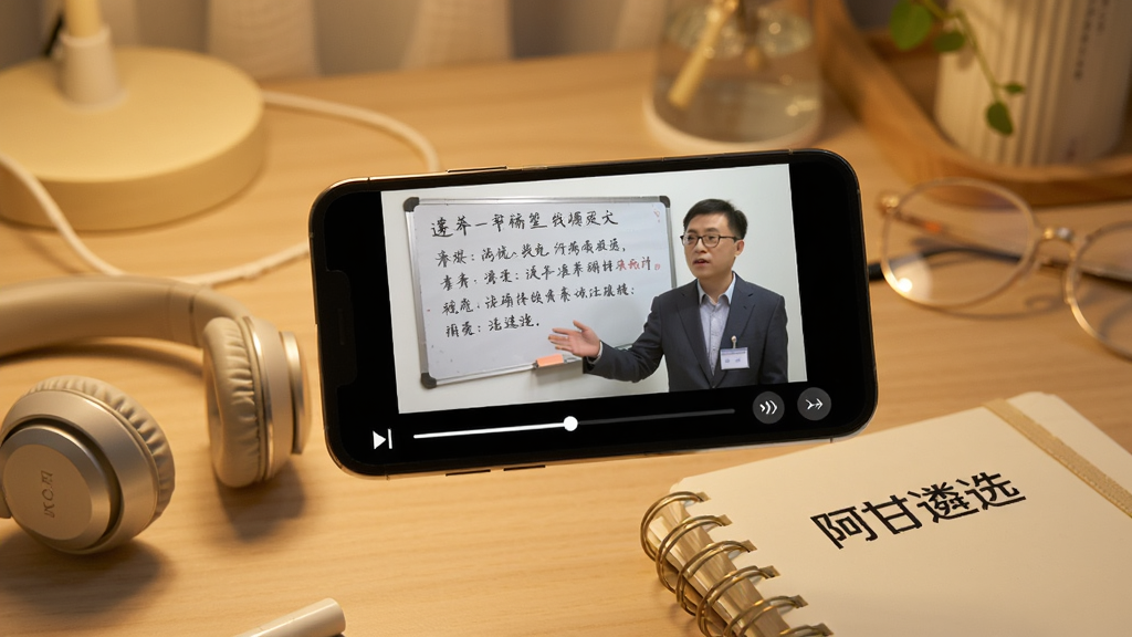手机横屏播放视频课程画面,屏幕中显示讲师授课画面与板书要点,屏幕下方有进度条与倍速按钮,手机旁放一副耳机和笔记本,背景为暖色调书桌,风格温馨学习氛围,画面中笔记本封面印有