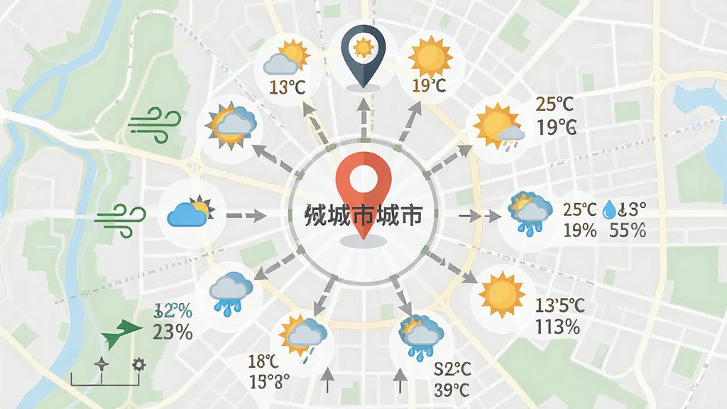 主体为一张带有定位图标的城市地图,布局为中心辐射式构图,排版以城市名称为核心向外扩散天气图标,风格为扁平化信息图表风,细节包括地图上的温度标签、风向箭头、湿度百分比等数据浮层,画质清晰,画面干净,无多余元素