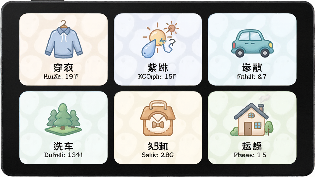 主体为一块生活指数信息面板,布局为九宫格卡片式排列,排版每个卡片对应一个生活场景图标,风格为清新柔和插画风,细节包括穿衣、紫外线、洗车、运动等图标与简短文字说明,画质清晰,画面干净,无多余元素