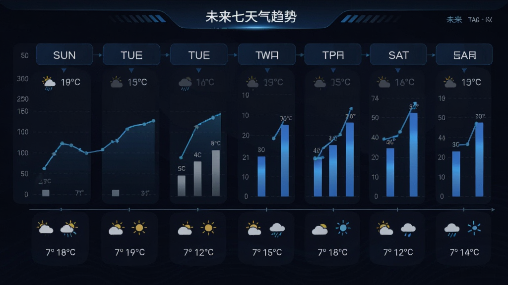 主体为一块显示未来七天天气趋势的图表看板,布局为横向时间轴排列,排版以日期为节点依次展开,风格为数据可视化仪表盘风,细节包括折线图、柱状图、天气小图标与温度数值标注,画质高清,画面干净,无多余元素