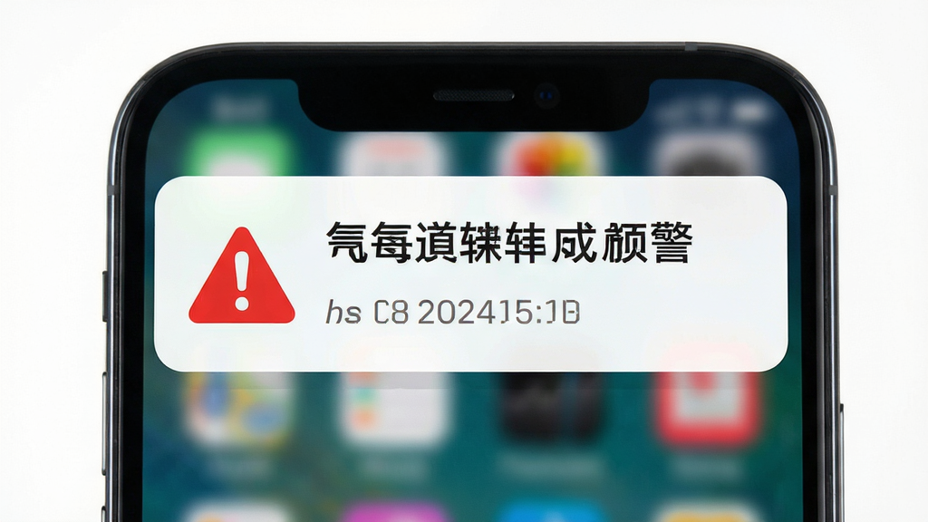 主体为一部手机屏幕弹出气象预警通知横幅,布局为顶部横幅居中展示,排版以警告图标和文字信息为主,风格为醒目警示风,细节包括红色预警图标、简短预警文字与时间戳,画质高清,画面干净,无多余元素