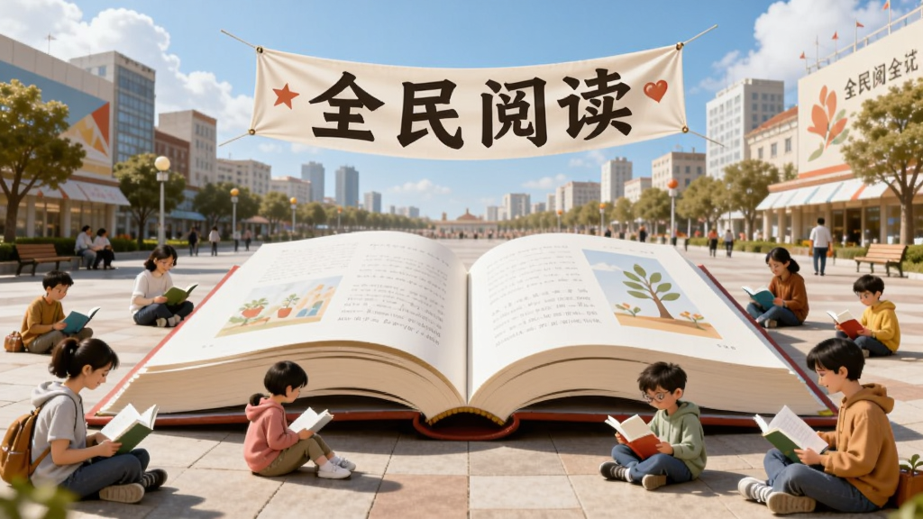 画面主体为一本翻开的巨大书籍平铺在广场中央,书籍上方漂浮着