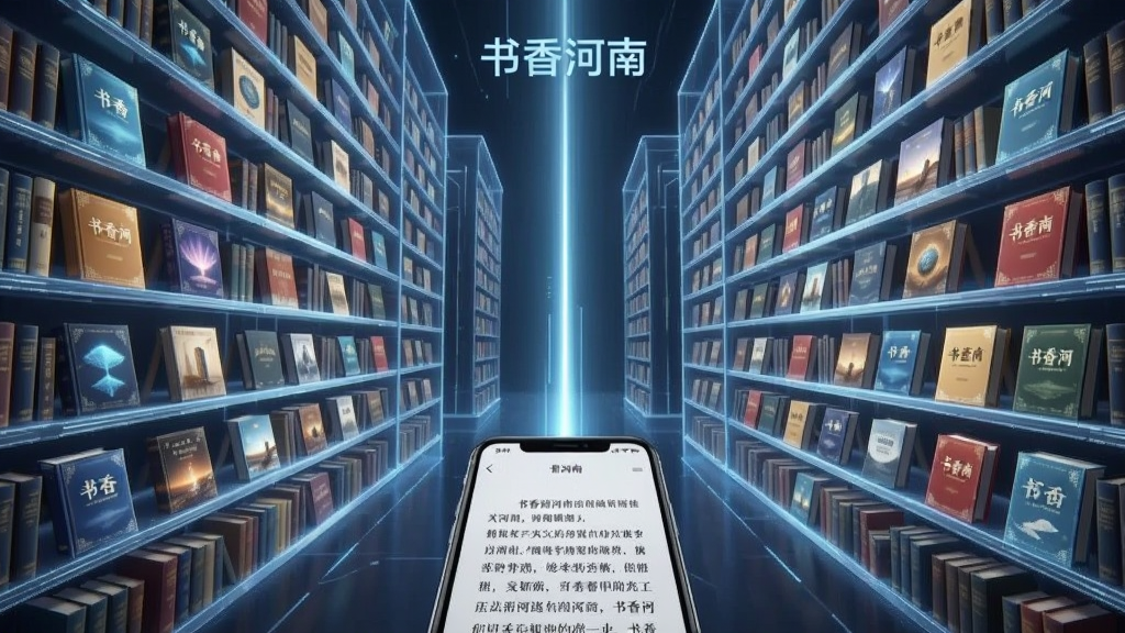 画面主体为一座发光的虚拟图书馆,书架层层叠叠向上延伸,每本书籍封面清晰可见,中央有一道光线连接至下方手机屏幕,屏幕中显示正在阅读的图书页面,整体布局对称,风格现代科技感,细节精致,画质高清,干净无多余元素,画面中带有