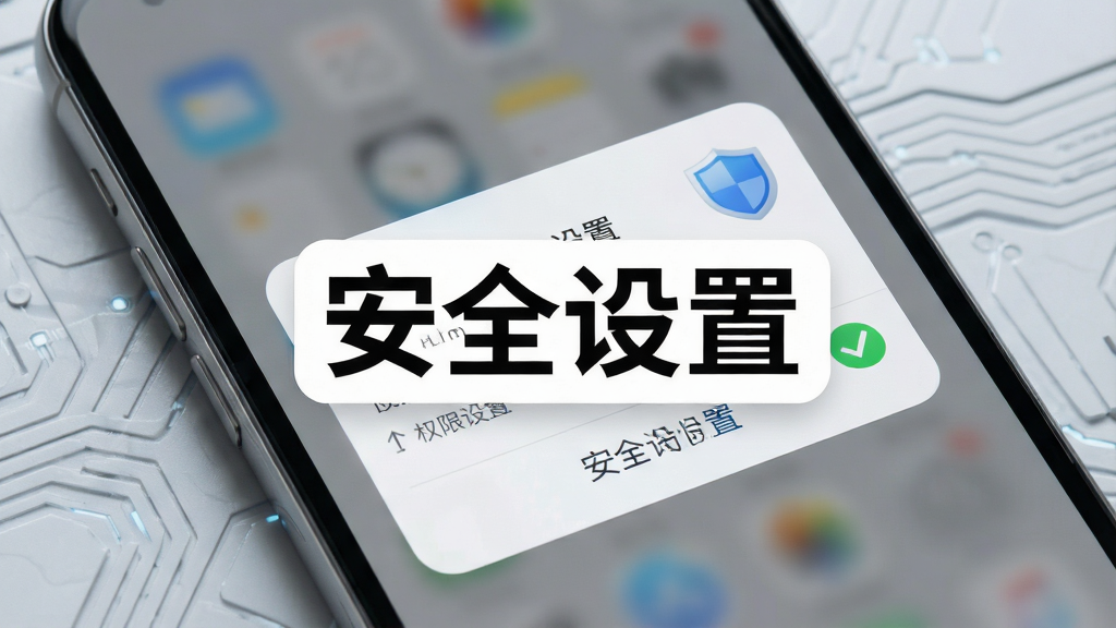 画面展示一部手机屏幕弹出权限设置对话框,旁边有盾牌图标与勾选标记,背景为浅灰色科技纹理,画面中央用醒目标签标注
