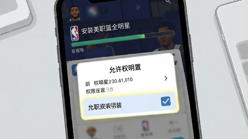 一张展示手机游戏安装设置界面的示意图,画面为手机屏幕特写,屏幕上显示