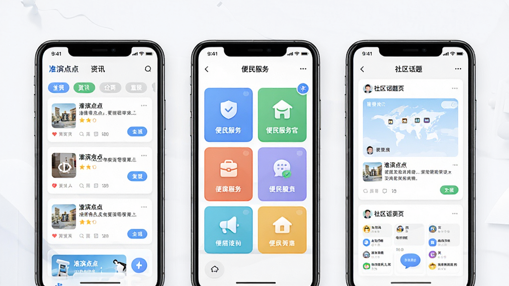 一款名为“淮滨点点”的手机应用功能展示图,主体为三部并排的手机屏幕,分别呈现资讯列表页、便民服务宫格页与社区话题页,布局为横向三等分排列,风格为统一清爽的扁平化设计,细节包含分类标签、图标按钮与卡片式内容区块,画质高清、画面干净、无多余元素