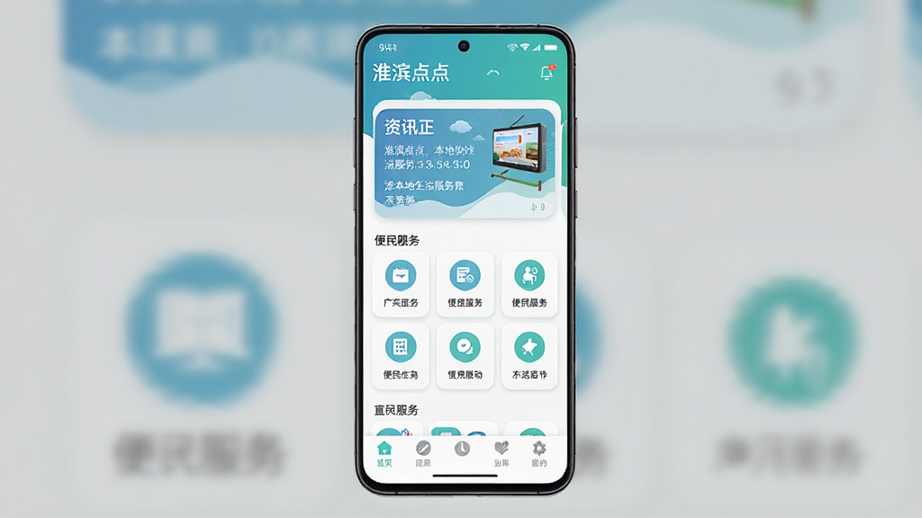 一款名为“淮滨点点”的安卓手机应用主界面展示,主体为竖屏手机屏幕居中放置,屏幕内呈现本地生活服务首页布局,包含资讯卡片、便民服务图标宫格与底部导航栏,布局清晰规整,风格为清爽现代的扁平化UI设计,细节包含圆角卡片、柔和阴影与蓝绿色调点缀,画质高清、画面干净、无多余元素