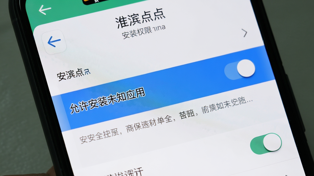 一部手机屏幕显示“淮滨点点”应用安装权限设置界面,主体为手机设置页面特写,布局为居中展示权限开关列表,风格为简洁系统设置界面风格,细节包含“允许安装未知应用”开关高亮显示与安全提示文字,画质高清、画面干净、无多余元素