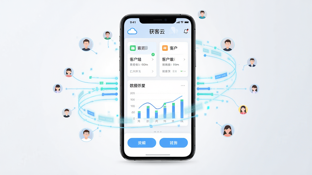 画面中央放置一部智能手机,手机屏幕显示“获客云”软件主界面,界面包含客户线索卡片、数据图表与功能按钮,手机周围环绕浅蓝色数据流线条与小型用户头像图标,整体采用扁平化科技风格,背景为干净的浅灰渐变,排版居中对称,细节清晰,画质锐利,无多余装饰元素