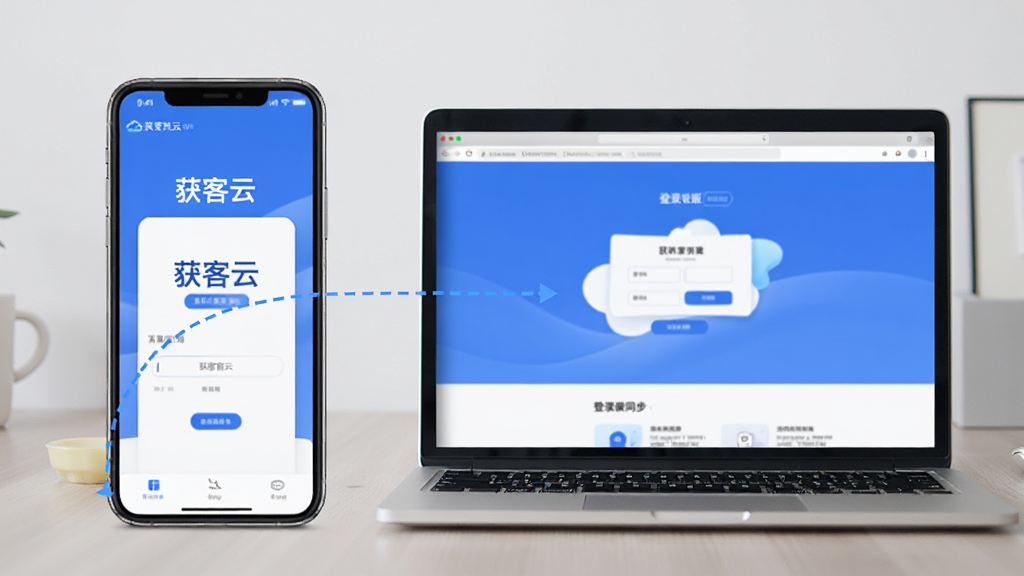 画面为一部手机与一台笔记本电脑并排摆放,手机屏幕显示“获客云”安装界面,电脑屏幕显示网页版登录页,两者之间用虚线箭头连接表示数据同步,背景为浅色桌面,风格生活化,排版左右对称,细节清晰,画质干净